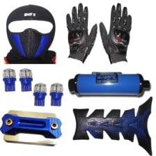 Buy FACE MASK FOR RIDERS(BLUE-BLACK) WITH BLACK PRO BIKES GLOVES, FANCY DISC CAP, LED BULB SMALL SET OF 4 BLUE COLOR,UNIVERSAL CBZ SILENCER AND PETROL TANK PAD ZADON on  % discount