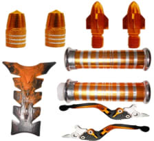 Buy ORANGE HANDLE YOKE FANCY BOLT WITH TYRE NOZZLE CAP,PETROL TANK PAD , HANDLE GRIP WITH PIPE (CROME PAINTED ORANGE) AND ORANGE ADJUSTABLE LEVER SET ZADON on  % discount