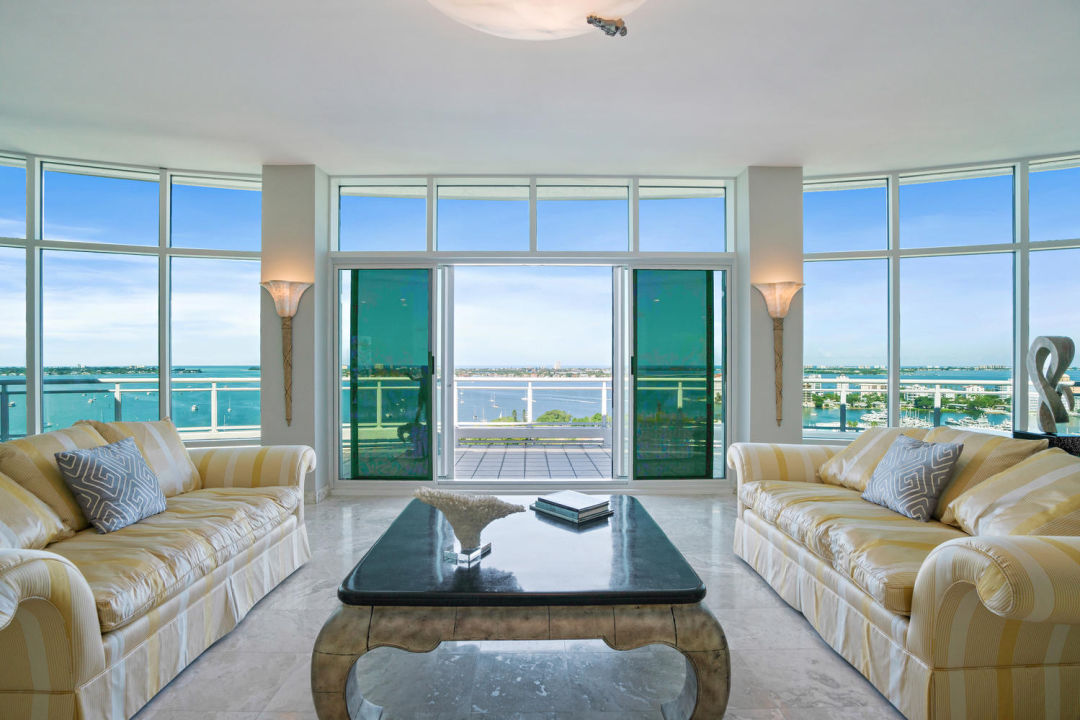 View of Sarasota penthouse from living room to terrace