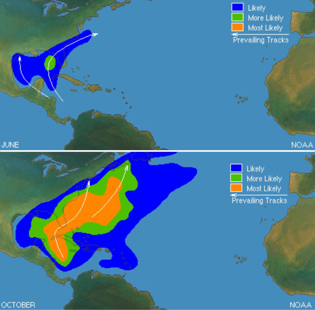 National Hurricane Center storm track predictions for June 2021, top, and October 2021, bottom.