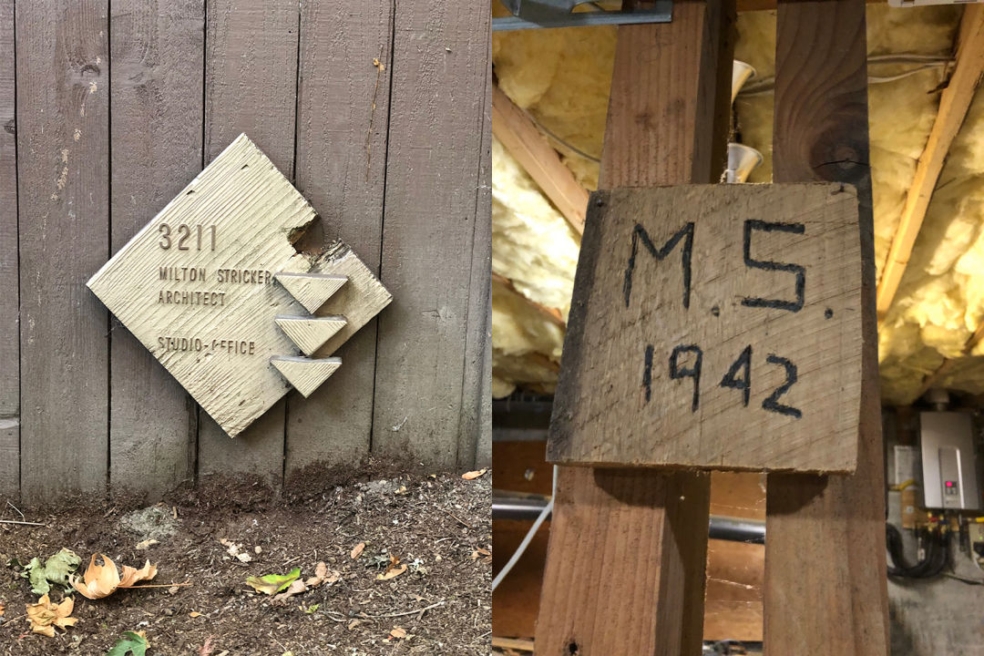 Two images side-by-side. One is a diamond shaped office plaque that says "Milton Stricker Office Studio." The other is a large piece of flat, square wood that says "M.S. 1942"