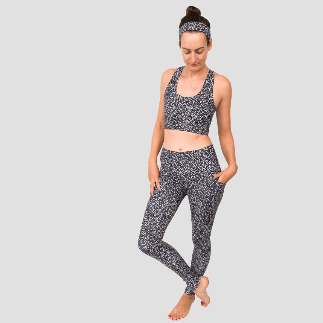 Waterlust apparel with the eagle ray pattern includes leggings, an exercise top and a headband, as well as a scrunchie and 8-inch shorts (not pictured).