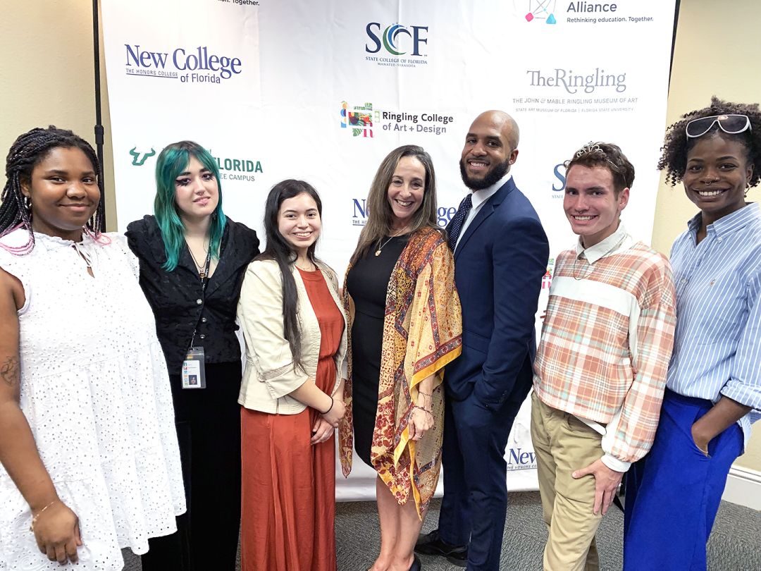 Jordyn Caldwell, Sierra Schumann, Yadira Gonzalez, CCA initiative coordinator Josephine Eisenberg, DIAL program coodinator Marlon Wilson, Jonathan Lee and Lauren David celebrate the DIAL internship program completion on August 10.