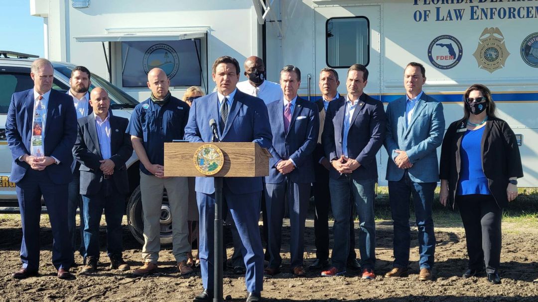 Florida Gov. Ron DeSantis speaks at Palmetto's Piney Point facility on Tuesday, April 13.