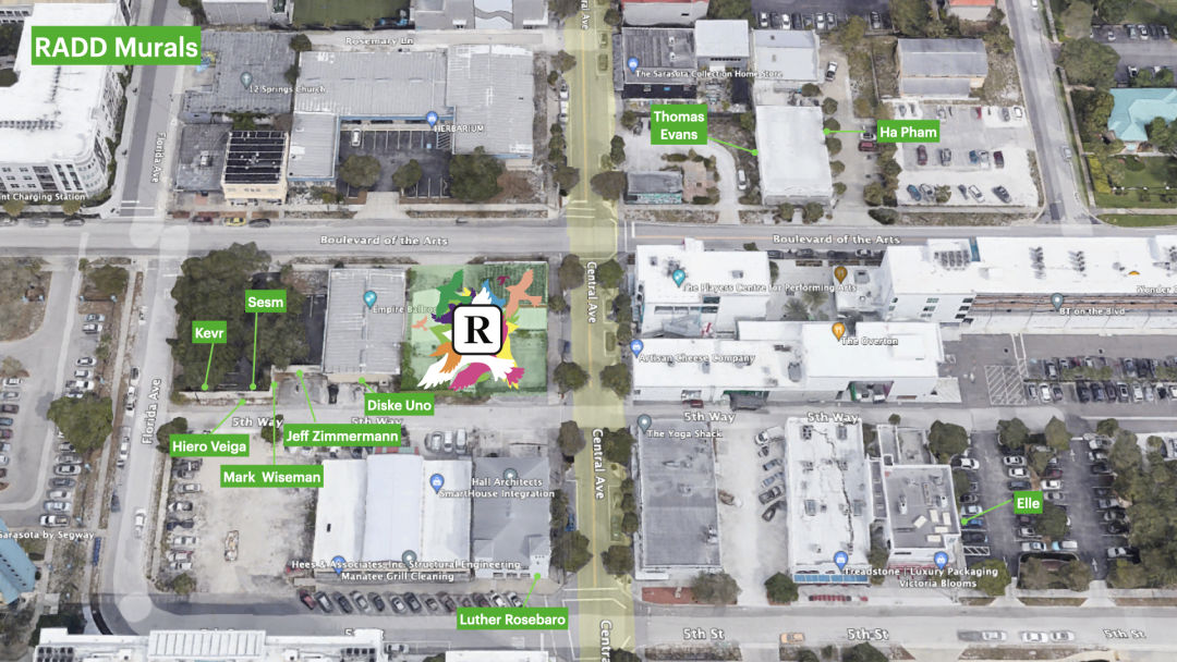 Map of the new murals by artist name you'll find in the Rosemary District.