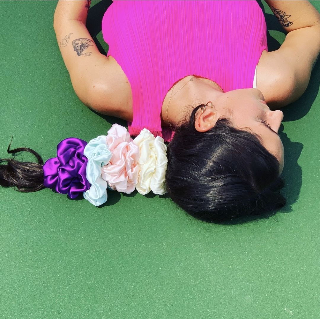 Callan Malone wears Sparkle Diva's Opulent Silk Scrunchies