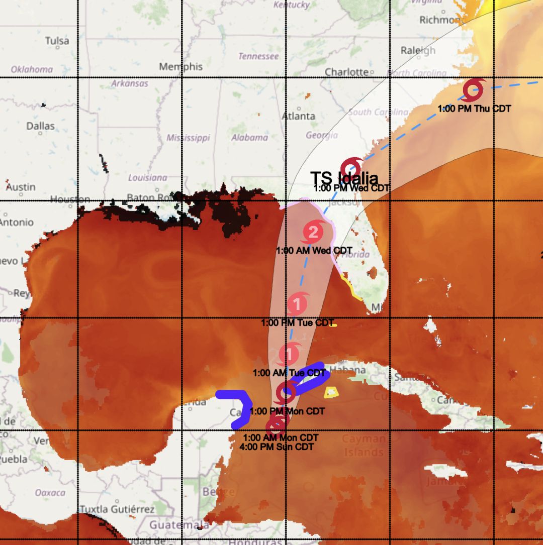 The red color is the sea surfaces temperatures above 86 degrees Fahrenheit. These hot sea temperatures will feed the storm the energy it needs to grow.