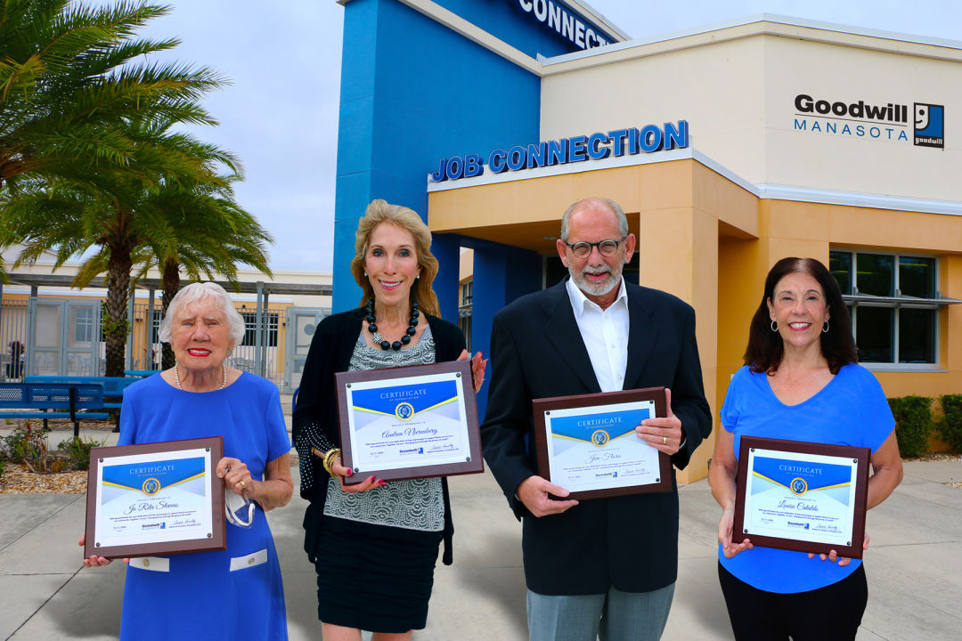 Goodwill Manasota recently recognized volunteers Jo Rita Stevens, Andrea Nierenberg, Jim Flora and Louise Cataldo