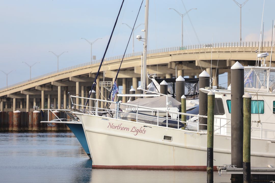 Boats docked by the Green Bridge