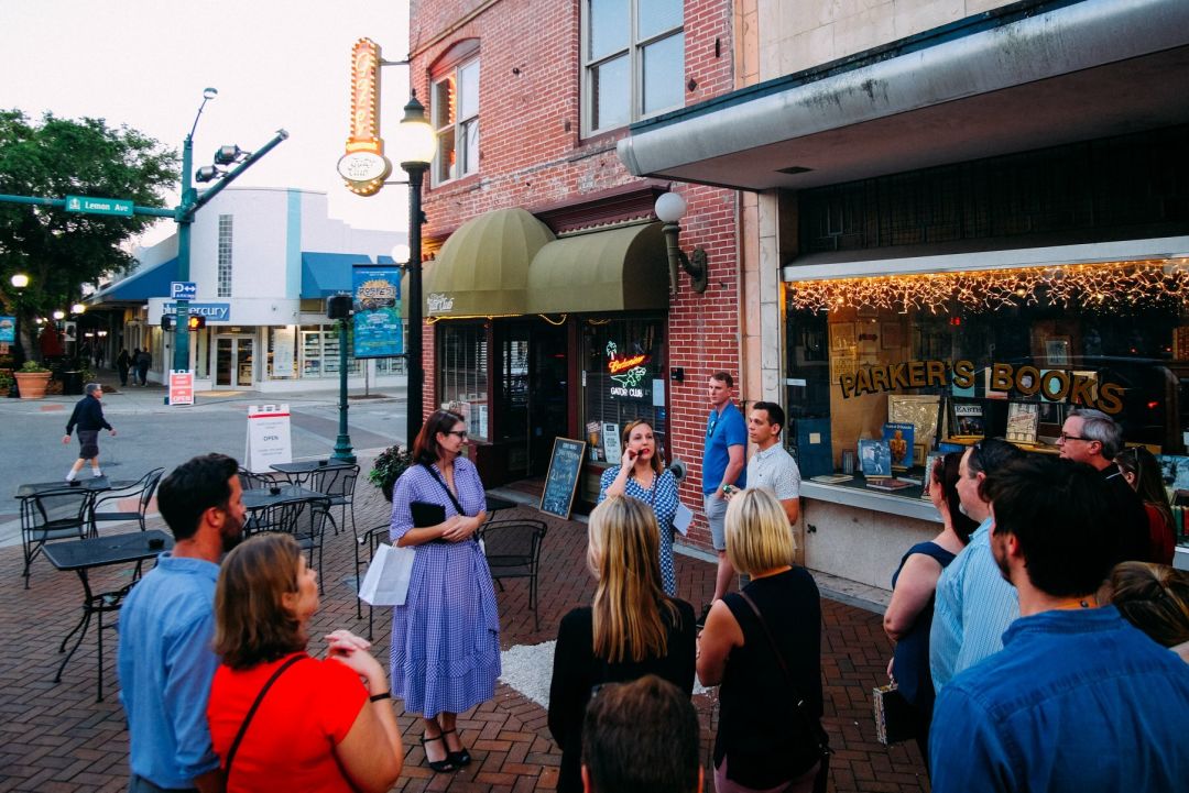 Andrea Knies and Mimi Cirbusova leading a historic walking tour in downtown Sarasota.