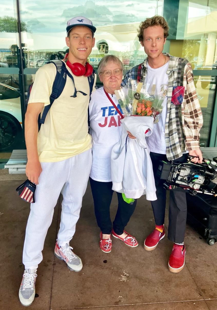 Pro skateboarder Jake Ilardi (left) and documentrary filmmaker Nate Ilardi (right), with their grandmother, Paulette Moulton.