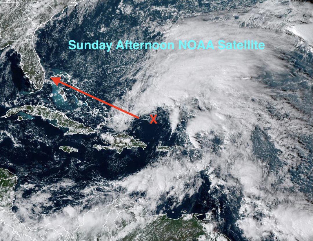 You can see the storm starting to form around the red X in this NOAA satellite image.