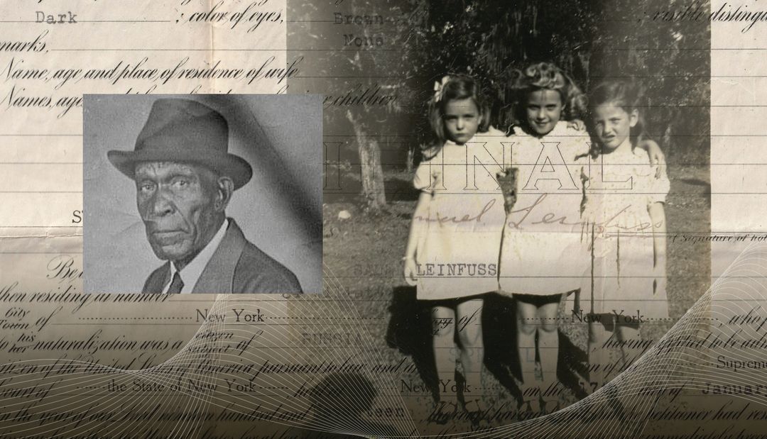 Left: Dara Brooks’ grandfather Monroe Tolbert; right: Vicki Entreken’s mother Geralda Cravey at age 5 (left), with two children who would later become adoptive cousins; background: 1917 citizenship paperwork for Samuel Leinfuss, the author’s grandfather.