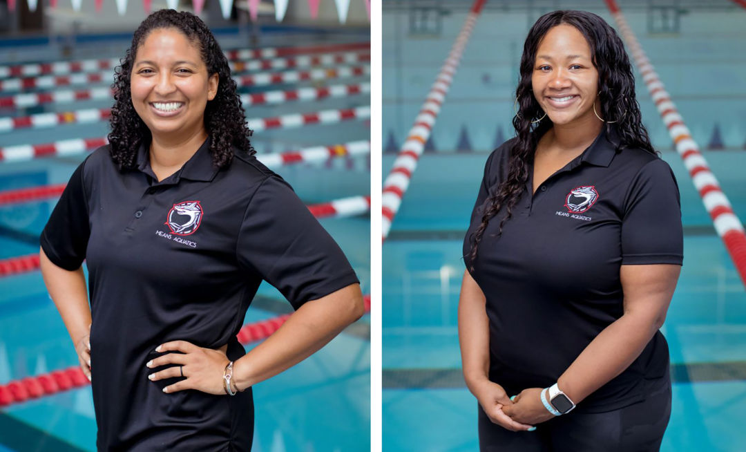 Two women standing and smiling by a pool, wearing matching polo shirts.