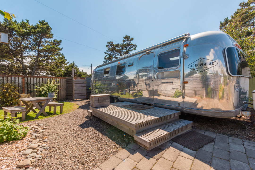 The Arrowhead, a 1971 Land Yacht Sovereign Airstream, is one of seven rentable trailers at Hart’s Camp in Pacific City.