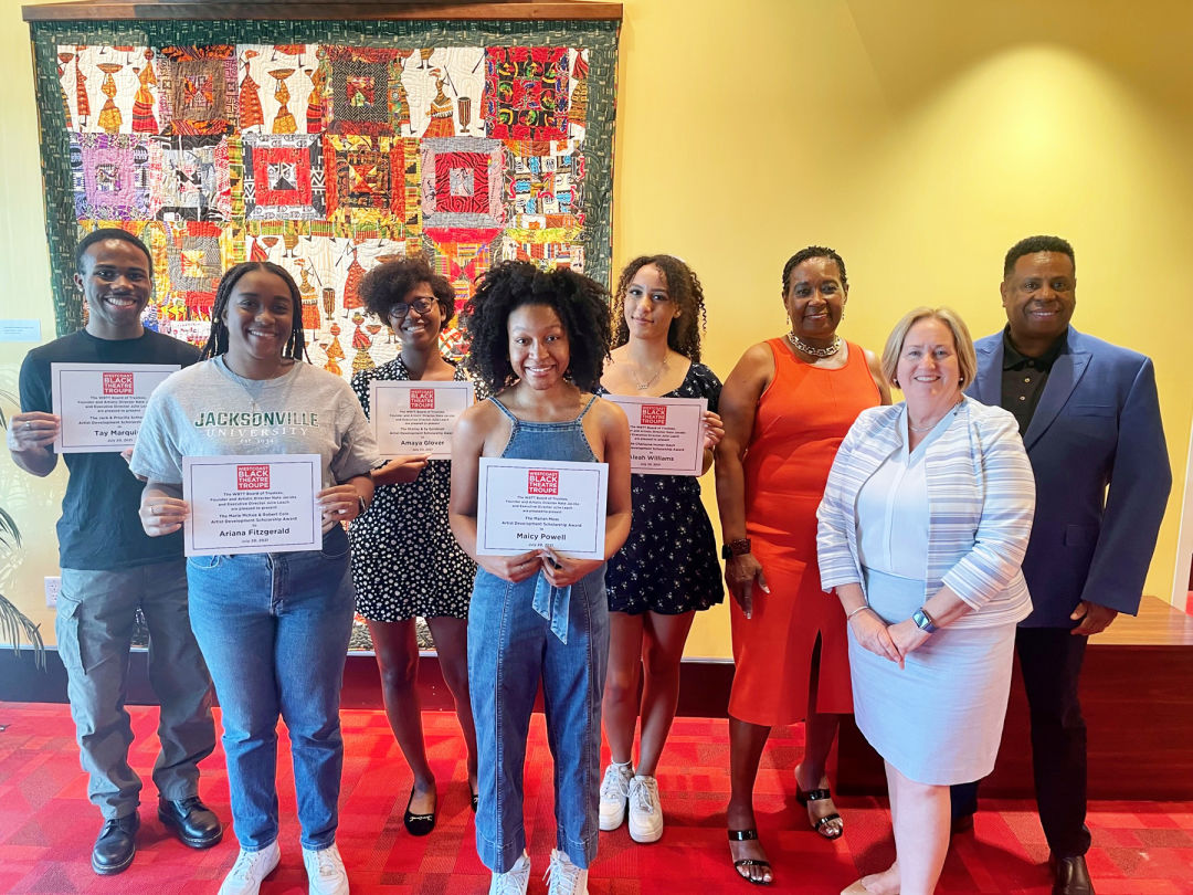 WBTT’s 2021 scholarship winners include, from left to right, Tay Marquise, Ariana Fitzgerald, Amaya Glover, Maicy Powell and Aleah Williams with WBTT board chair Doris Johnson, executive director Julie Leach and founder/artistic director Nate Jacobs (Not pictured: scholarship winners Todd Bellamy, Charlotte Corporan and Jatavian Peterson.)