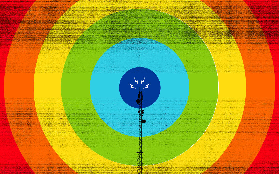 A radio tower with a rainbow being transmitted out of it.