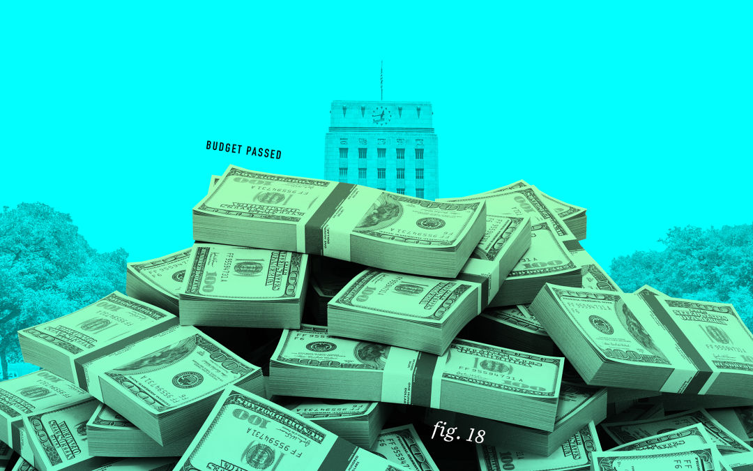 A pile of money in front of Houston City Hall.