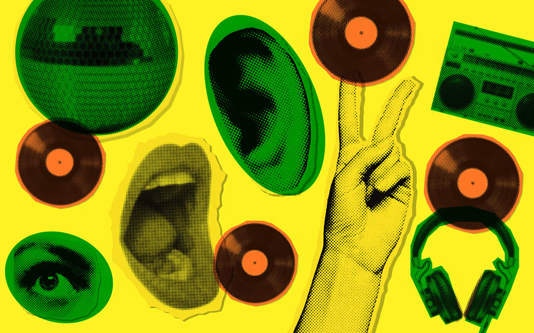 A collage of mouths singing and records.