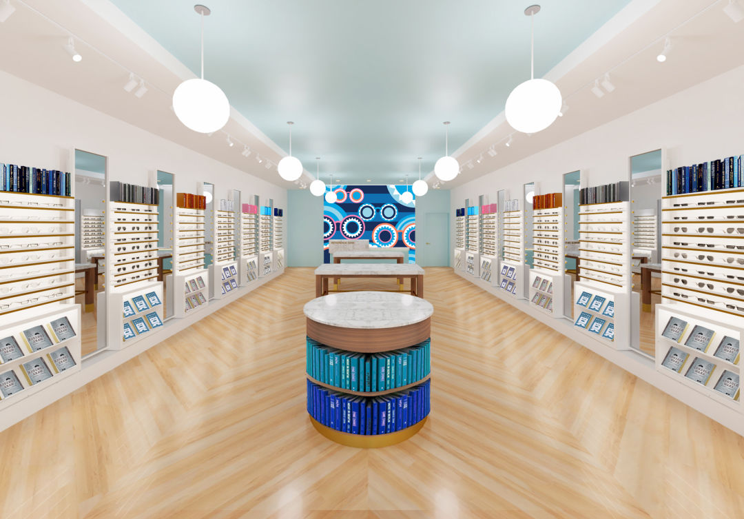 The interior of Sarasota's Warby Parker store.