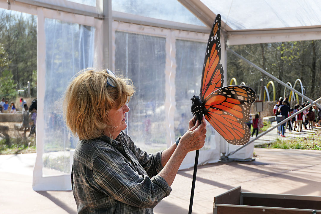 An artist holding up and examining a sculpture of a monarch butterfly.