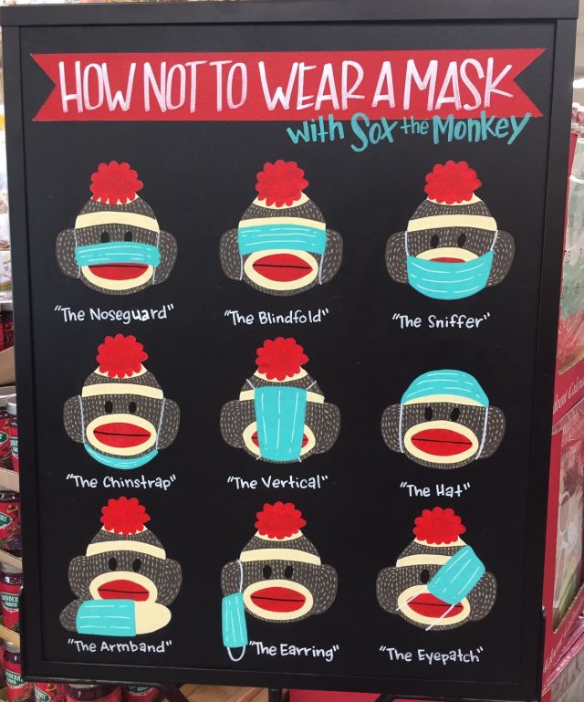 A chalkboard with a gird of drawings of a sock monkey wearing face masks the wrong way and the words "How not to wear a mask, with Sox the monkey"