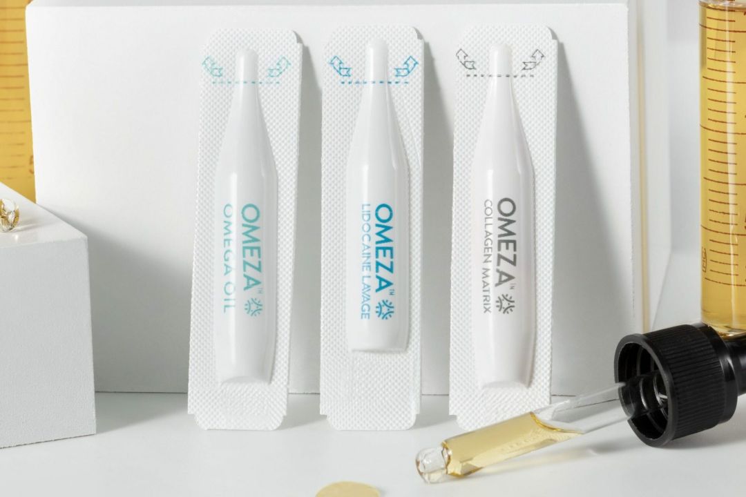 Omeza's products include its collagen matrix, far right.