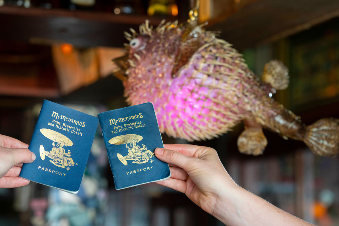 Two McMenamins passports in a bar with a fish light fixture