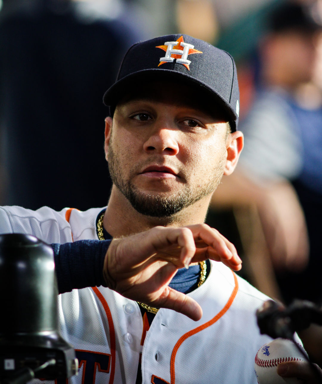 Dallas Keuchel of the Houston Astros tugs on his beard as he looks