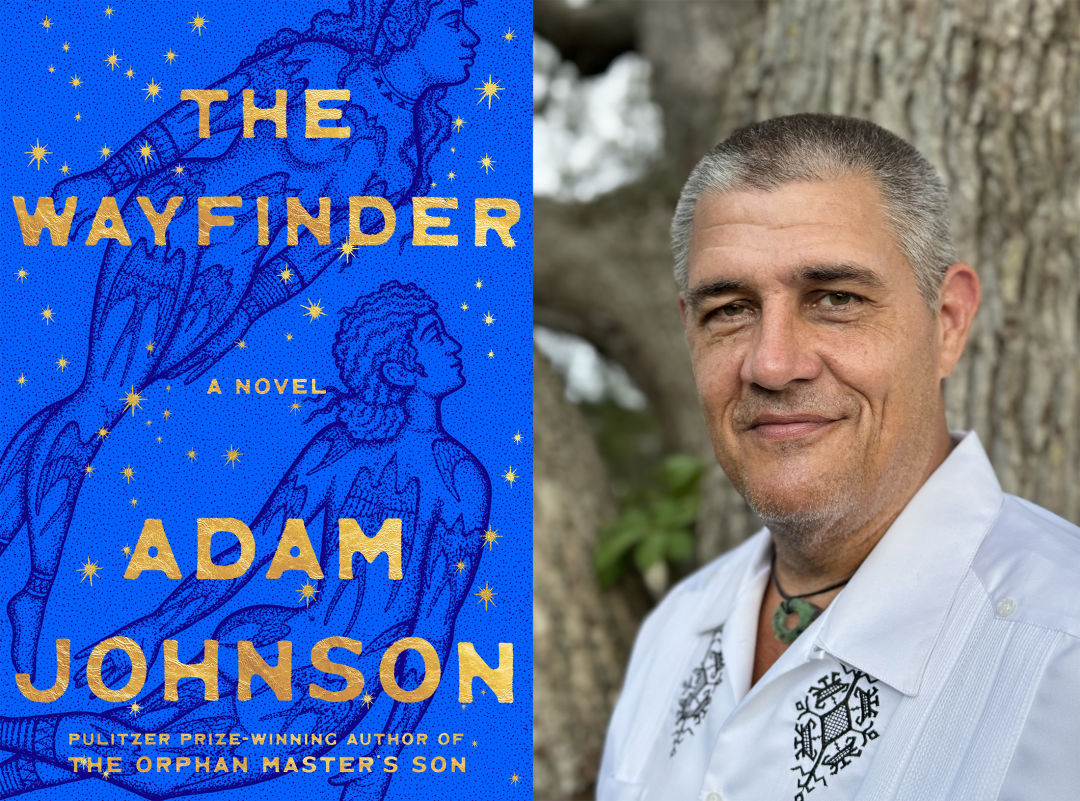 A headshot of a smiling man next to a book cover reading "The Wayfarers Adam Johnson."