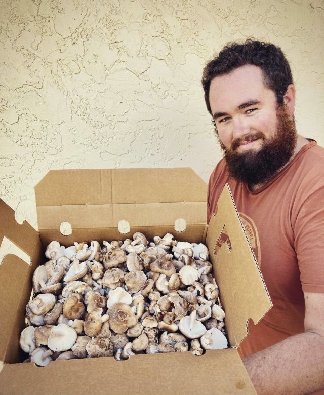 Petrichor co-founder Michael Shea with a box of mushrooms.