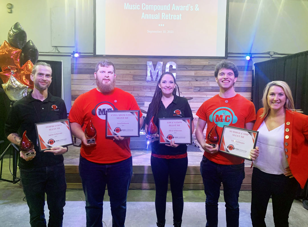 Music Compound staff award-winners (from l-r) Aaron Schiavone, Jared Johnson, Alicia Schiavone and Sam Stahlmann with Music Compound owner Jenny Townsend