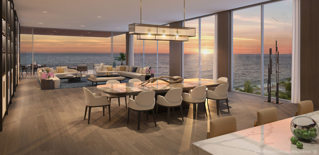 A rendering of a living space in one of the Sage Longboat Key units.