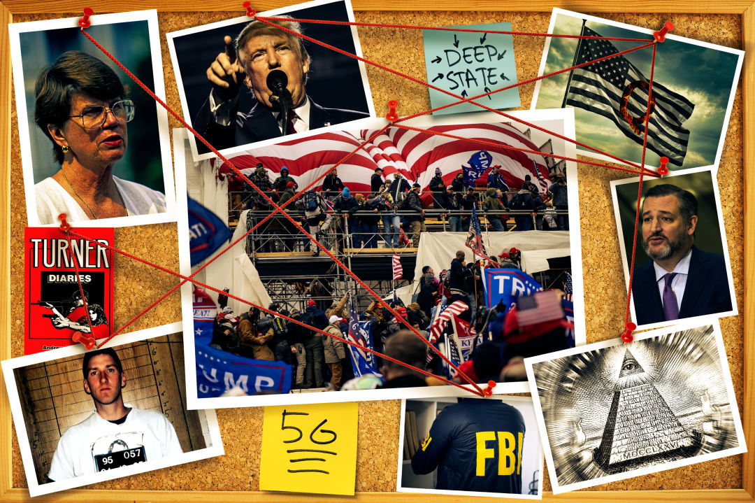 Bulletin board with connected images of TImothy McVeigh, Ted Cruz, Donald Trump, Janet Reno, and conspiracy iconography