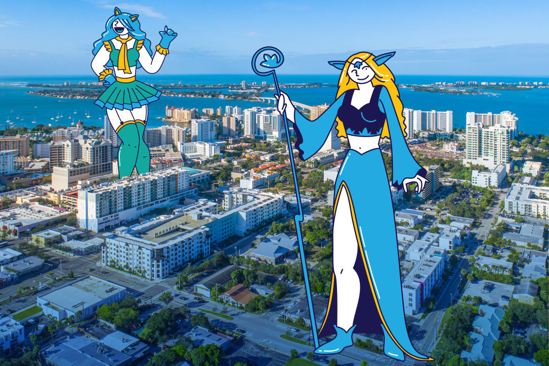Aerial shot of downtown Sarasota with added art depicting two anime cosplayers.