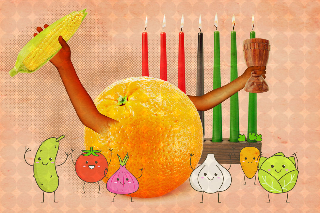 Kayden the Kwanzaa Orange is ready to celebrate African cultures with corn, a kinara and unity cup, as well as his other harvest friends.