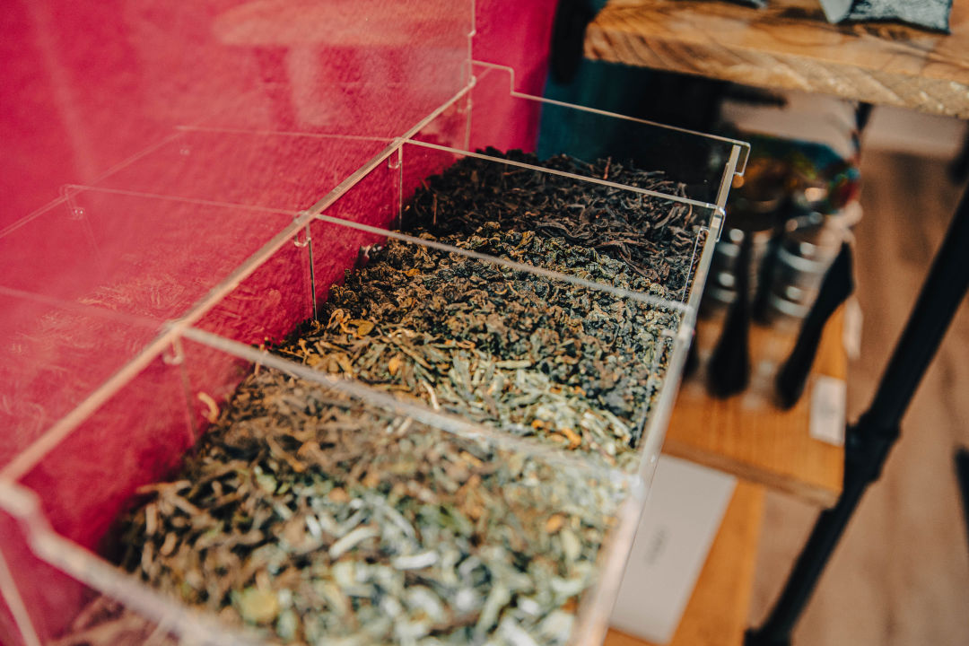 Loose leaf tea display at Elevation Tea Company.