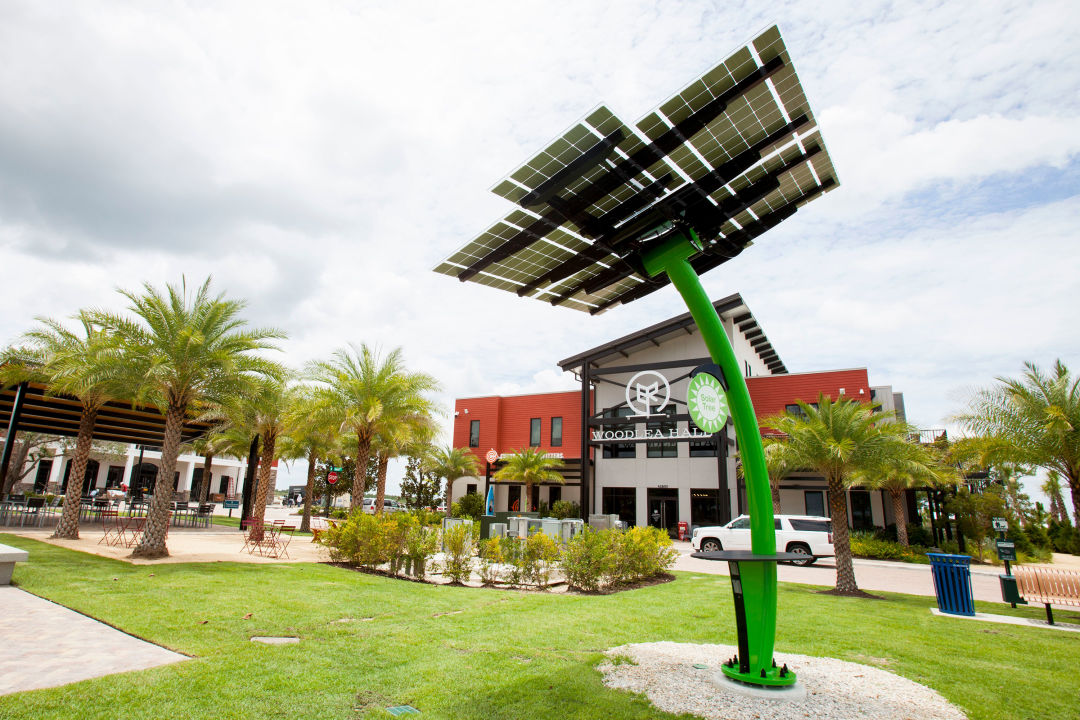 A solar "tree" at Babcock Ranch doubles as a charging station and public art.