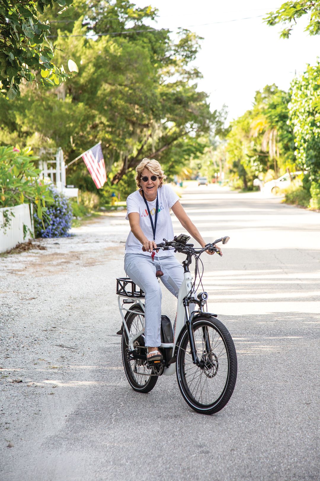 Biking along tree-lined streets