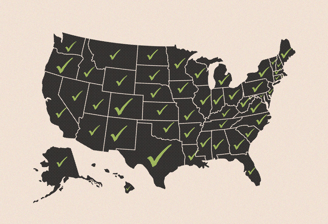 An outline map of the continental US, plus Alaska and Hawaii, with a check mark on each state