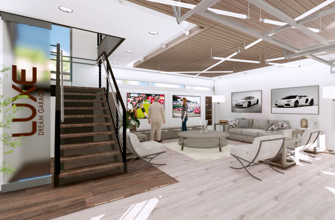 A rendering of the common space at Luxe Dream Garage.