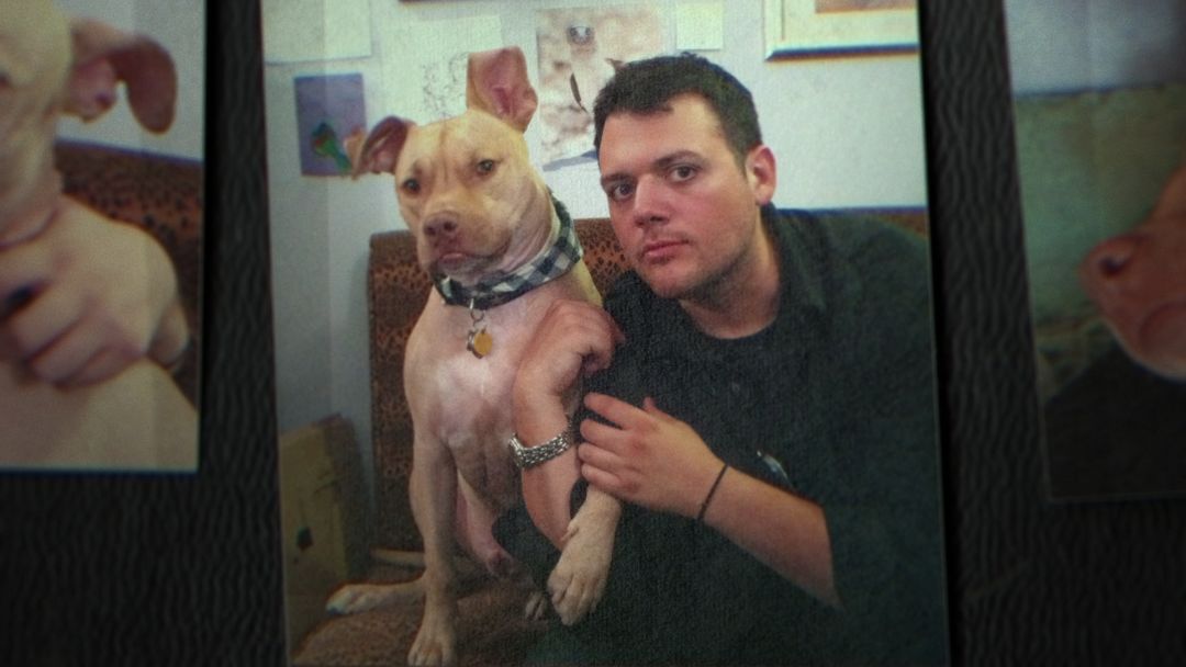 Anthony Strangis of the docuseries, Bad Vegan, posing with Leon, his wife's dog at the time.