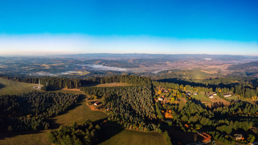 A view of tree-covered rolling hills and blue sky