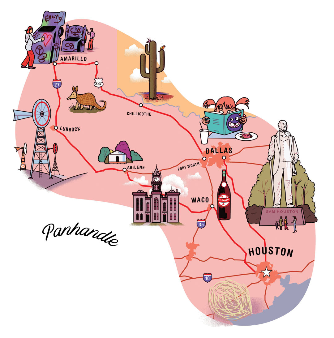 A map of Texas looping from Houston to Amarillo and back to Houston with stops in between.