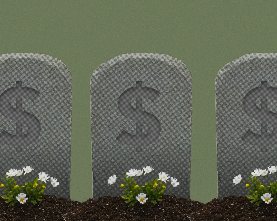 A line of gravestones with a dollar sign on each one where the names and dates would normally be