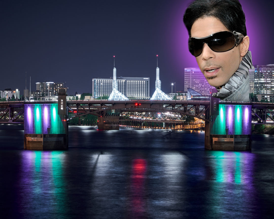 Prince's face floats above a nighttime view of the Morrison Bridge lit in purple and green