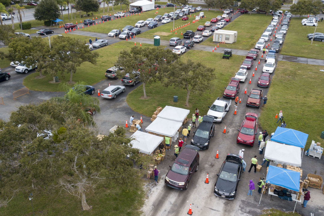 Aerial view of a turkey giveaway