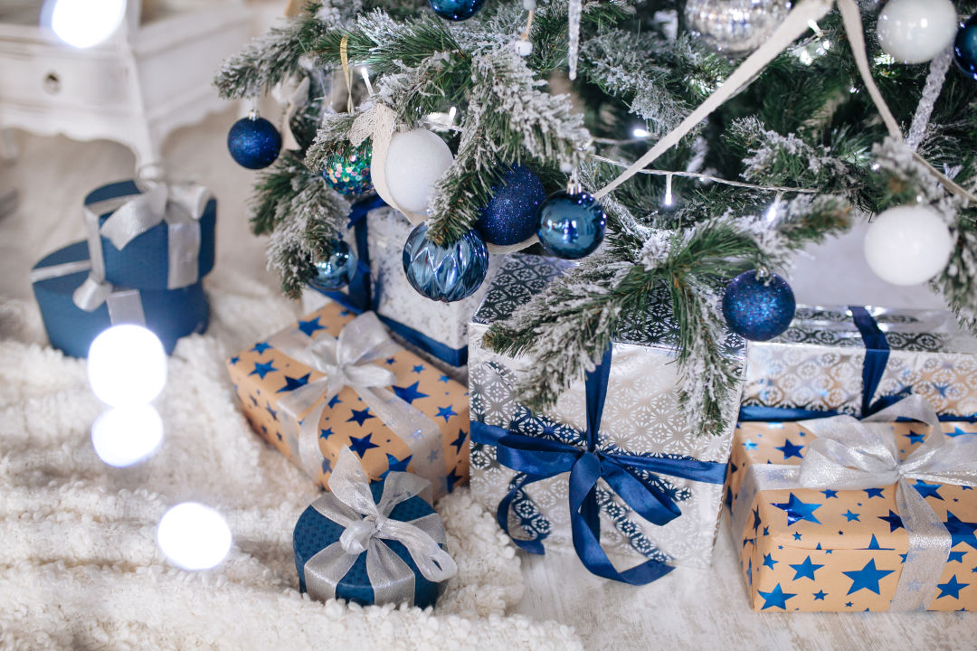 Blue ornaments on a christmas tree