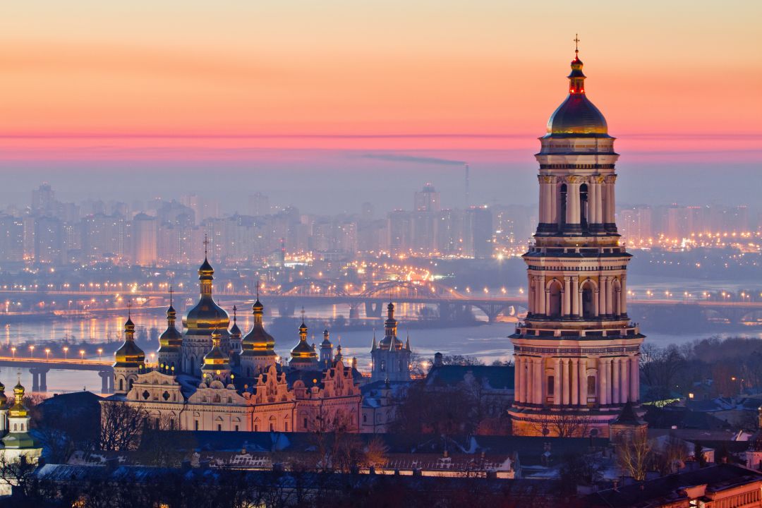 A sunrise view of Kyiv, Ukraine, in peaceful times.