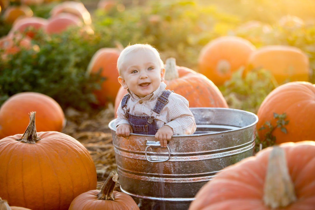 A cute baby at a pumpkin patch